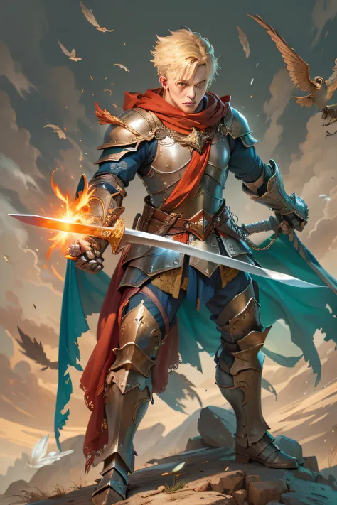 A valiant knight in gleaming armor poses heroically with sword held high. He has short blonde hair and intense blue eyes focused with determination. Under the steel breastplate he wears a red tabard emblazoned with a golden phoenix. Engraved steel gauntlet...