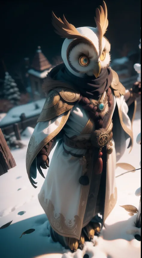 Vertigo 3D model of owl with intricate details, Decorated brown cape, Standing in the snow, Cinematic, Cinematic lighting, rendering by octane