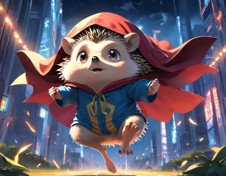 (Hedgehog in cloak flying around the park)、ultimate quallity、ultra-detailliert、Exciting and cool、Superhero cartoon style