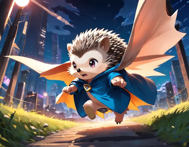 (Hedgehog in cloak flying around the park)、ultimate quallity、ultra-detailliert、Exciting and cool、Superhero cartoon style