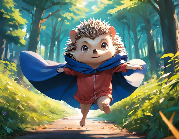 (Hedgehog in cloak flying around the park)、ultimate quallity、ultra-detailliert、Exciting and cool、Superhero cartoon style