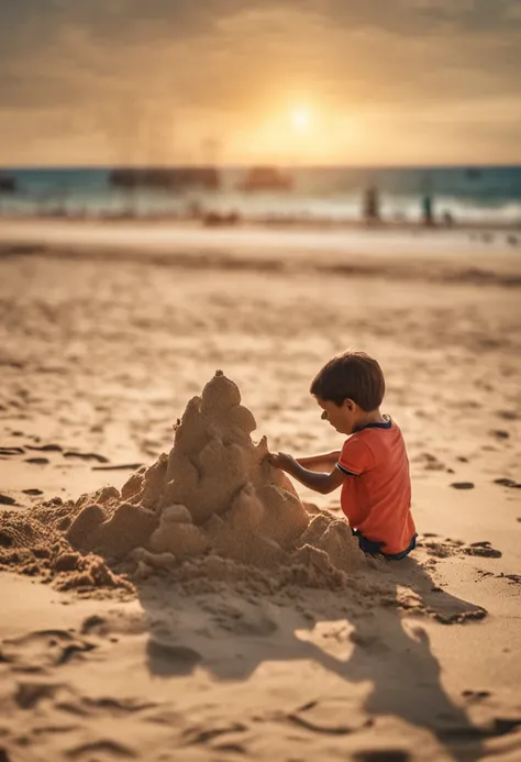 vista superior de pessoas na praia jogando futebol, Child making sand castle