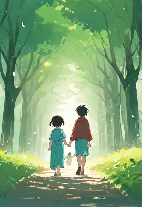 Play the role of small hands holding big hands，Parents lead their children along the tree-lined paths，Show mutual support and mutual growth between parents and children。
The parent-child background shows a harmonious family atmosphere，Parents holding their...