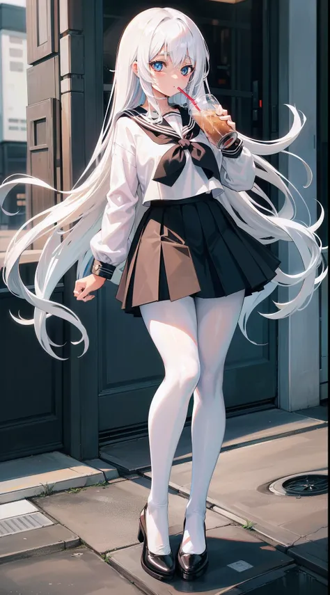 Long white hair, Blue eyes, Black pleated skirt，Inside was a white sailor suit，Wearing black pantyhose, Plump body, An anime character, Only one person，Drinking brown drinks on the street