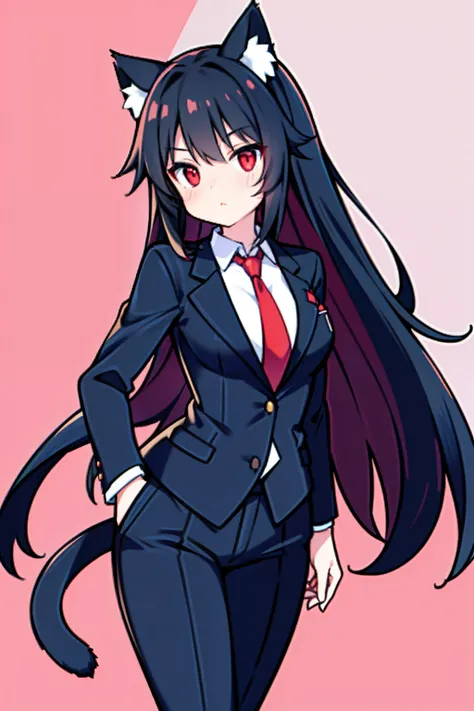 Black hair, Cat ears, Cat girl, Red eyes, Suits，red necktie