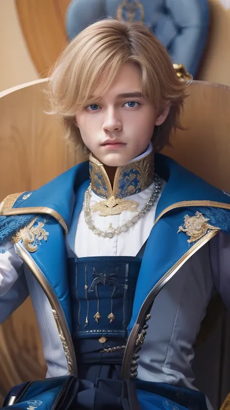 Young Prince, blond hair, sitting on the throne, Ultra Detail, realistic.