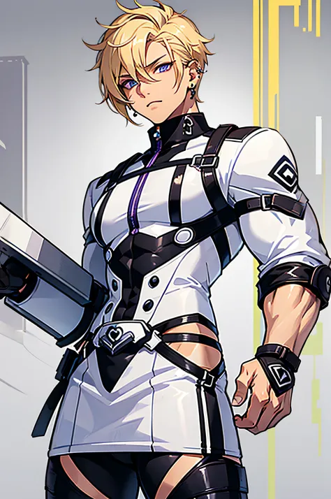 Male character. He has a short, blond, undercut hairstyle. He has stubble. He has tan colored skin. He has lilac eyes. He is very muscular. He wears sporty clothing. He has lots of piercings. Full body image