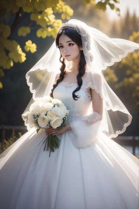 Bride in a white wedding dress，A veil and flowers are worn in his hair, light yarn, , wearing translucent veils, Wearing a wedding dress, Wedding dress, , white transparent veil, wedding photo