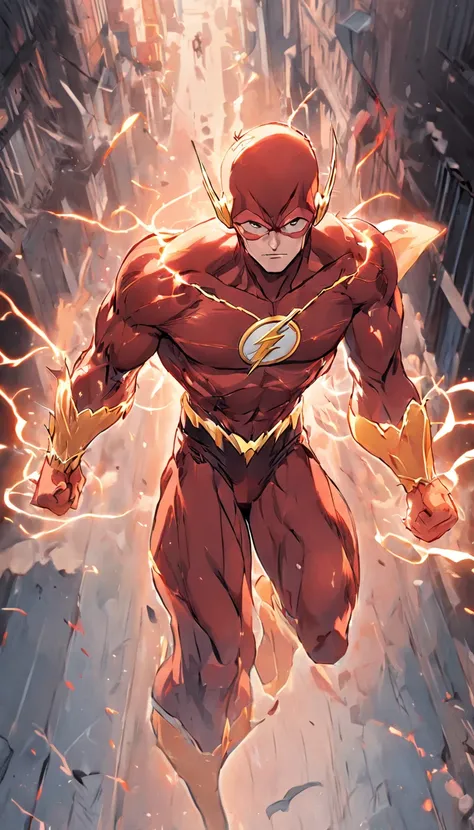 the flash in action, mcu, running pose, ultra detail, 8k, Jim Lees Artstyle, DC comics, seen from the front, cold face, hunk, tall