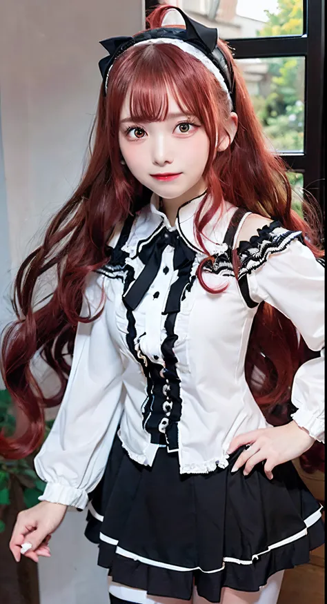 Best Quality, (masutepiece:1.2), Detailed, 1girl in, Solo, Open mouth, Smile, Long hair, (Red hair:1.4), Ahoge, Red Eyes, (black hairband:1.4), White Dress, Bare shoulders, Neck ribbon, a black ribbon, Dark brown skirt, Long sleeves, (White pantyhose:1.2),...