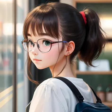 Girl 15 years old with white transparent square-rimmed glasses Petite Low ponytail