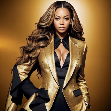 Beyonce Knowles, beautiful black woman, golden suit jacket, cleavage, album cover