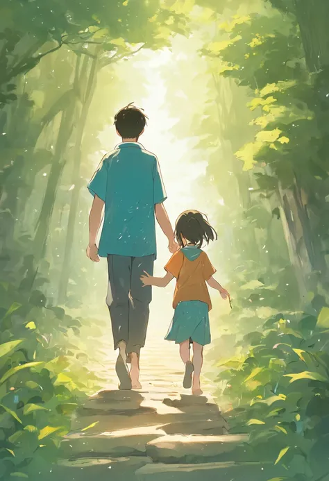 Play the role of small hands holding big hands，Parents lead their children along the tree-lined paths，Show mutual support and mutual growth between parents and children。
The parent-child background shows a harmonious family atmosphere，Parents holding their...