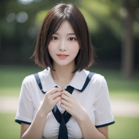 ((layered haircuts、Colossal tits:1.2)),（8K，highest  quality），Watching from a distance，Distant shots，School playground，Wear a school uniform，pupils，Physical education，Full body photography:1.8， Android， adolable， ssmile， Thin face， short detailed hair， 32K,...