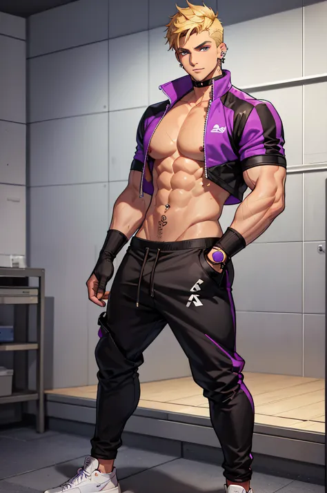 Male character. He has a short, blond, undercut hairstyle. He has stubble. He has tan colored skin. He has purple colored eyes. He is very muscular. He wears sporty clothing. He has lots of piercings. Full body image