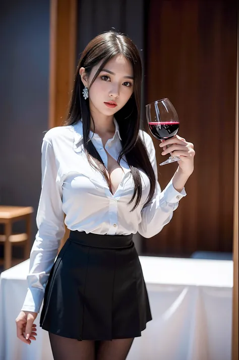 Alafe woman in dress shirt and skirt holding wine glass, (Wearing pantyhose、Very realistic pantyhose)、Young Pretty Gravure Idol, Young Sensual Gravure Idol, with a drink, sophisticated gravure idol, she holds a glass of wine, Young Gravure Idol, Japanese M...