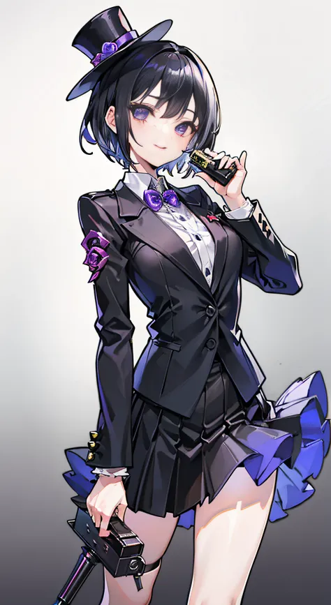 A girl in her twenties，Black hair，Purple eye，short detailed hair，Curved hair，evening formal robes，Top hat，Handheld switchblade，Perfume bottle at the waist，packet，ssmile，cunning，a skirt，hand gun，high and cold，The eye