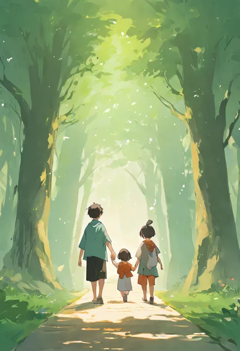 Play the role of small hands holding big hands，Parents lead their children along the tree-lined paths，Show mutual support and mutual growth between parents and children。
The parent-child background shows a harmonious family atmosphere，Parents holding their...