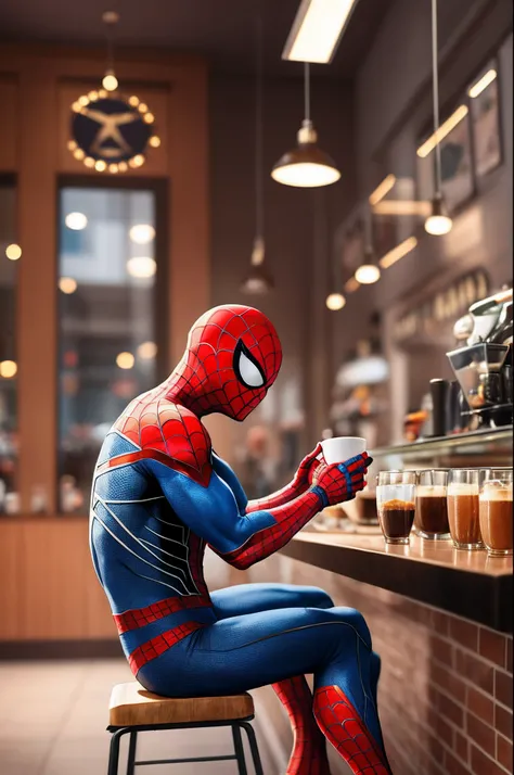 prompt:prompt:Spider-Man drinking coffee in coffee shop alone enjoying. 8k ultra HD. Hyper Realistic. --auto --s2