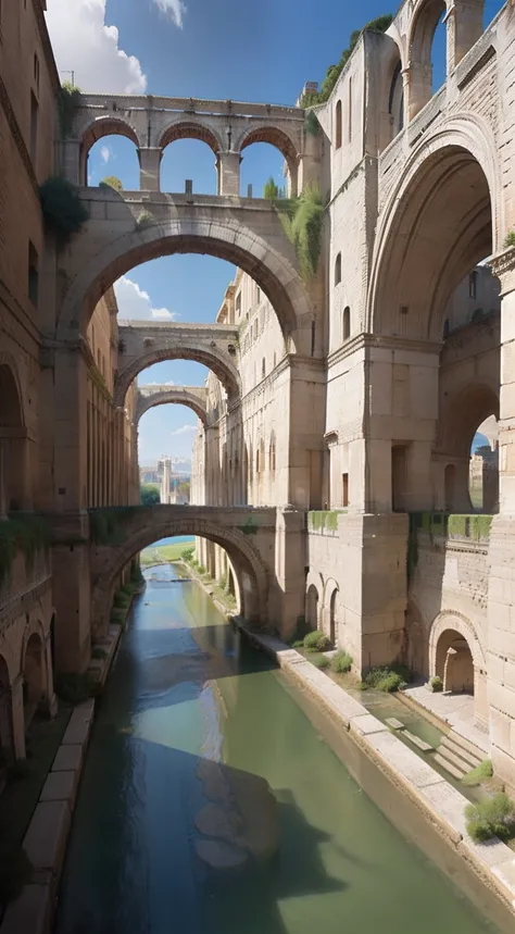 Generate an image depicting the marvels of Roman engineering, showcasing the intricate network of Roman roads stretching across the empire, along with a stunning aqueduct system transporting water through arches and channels,higquality,cinematic,photograph...