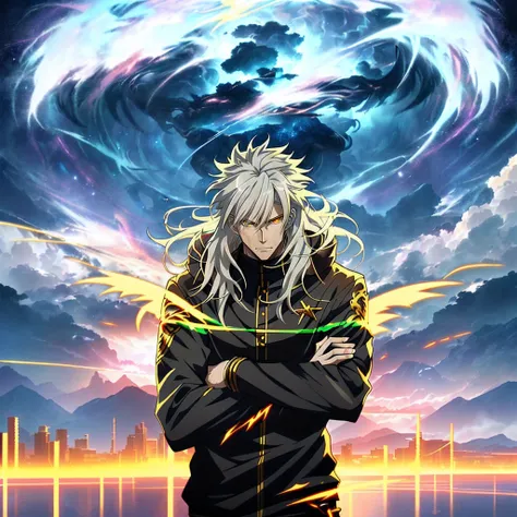 White long-haired anime character, Yellow eyes stand in front of Lightning， Detailed key anime art, White-haired god, Key anime art, detailed anime character art, shadowverse style, handsome guy in demon killer art, full art, rimight, high detailed officia...