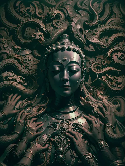 (((Masterpiece))),(((Best quality))),(((Amazing detail))),((illustration)),((A high resolution)),((8K)),Buddha,Buddha nimbus,Buddhist backlight,eyes closed,Biotechnology,flesh,meat,blood tears,many eyes,horror,insane,twisted,creepy,many hands behind,tentac...