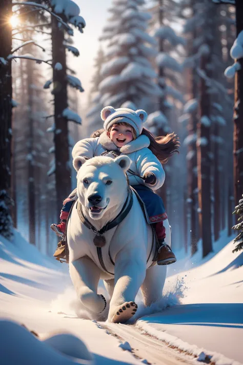 A very dynamic scene. A huge polar bear runs fast. On the back of the bear sits a little Eskimo girl 4 years old. The girl is very cheerful, laughs broadly and waves his hands affably. The girl is dressed in national northern clothes. a closeup of a. a lot...