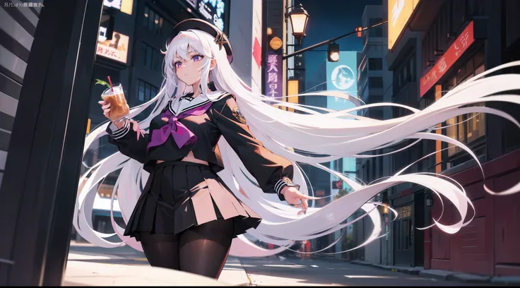 Long white hair, Deep purple eyes, Black pleated skirt，Inside was a white sailor suit，Wearing black pantyhose, Plump body, An anime character, Only one person，Drinking brown drinks on the street