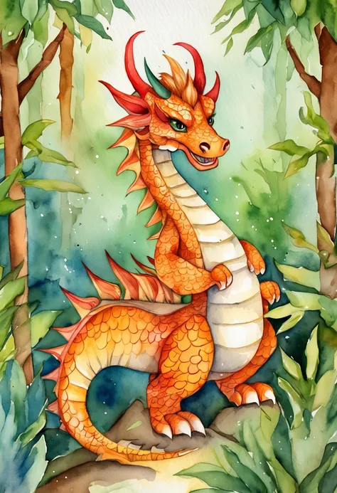 Cute zodiac dragon in bamboo forest, Cartoon, Multi-colored watercolor,