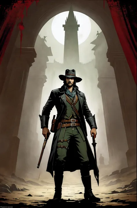 pintura de um homem, olhos abertos, olhos verdes esmeralda, olhos detalhados Escuro, plano de fundo Van Helsing, estilo Van Helsing, Van Helsing, tomado,o realista Solomon Kane, as a solomon kane, portrait of a bloodborne hunter, Tim Bradstreet, Arte Sangr...