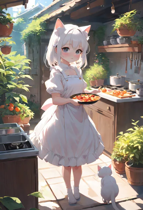 Anime cat-eared girl in white dress standing in garden, Making breakfast in the kitchen，loli in dress, small curvy loli, artwork in the style of guweiz, guweiz on pixiv artstation, guweiz on artstation pixiv, guweiz, small loli girl, soft anime illustratio...