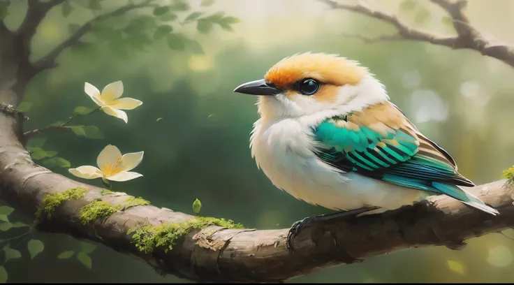 There is a bird sitting on a branch with flowers in the background, Digital painting nice, painting digital adorable, Birds f CGSetalação, Pintura digital elegante, pintura digital altamente detalhada, bela arte digital, pintura digital de alta qualidade, ...