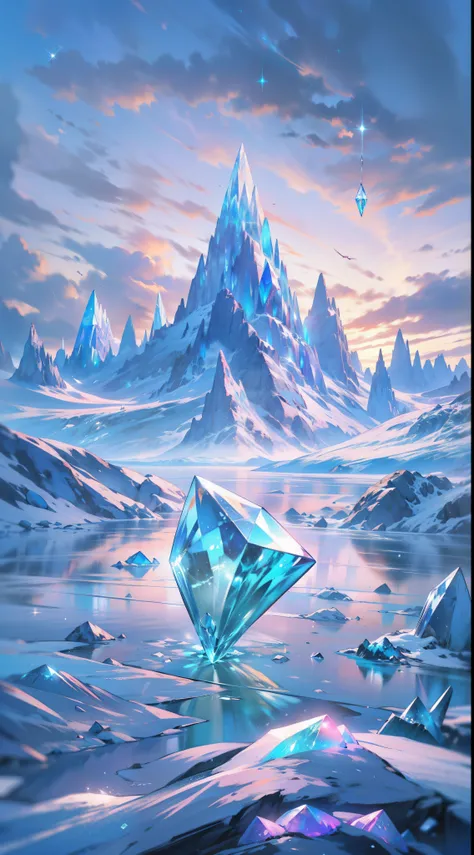 (masterpiece,bestquality),Land of Crystals,ice field,bright,Shimmering like a diamond, it shines like a crystal,Bright and vivid colors,(depth of fields:1.2),the night,Holy,Light-sensitive,crystal