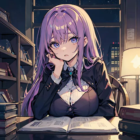 Beautiful woman　Studying　Focused face　on desk　atlibrary　deep in the night　murky　nighttime scene　starrysky　Test Preparation　Pupils　Purple hair　Studying Mathematics　Colossal tits　Beautiful eyes that seem to be sucked in