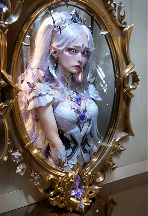 Female, angel , queen, elegant,beautiful,long white hair , crying,Trapped inside a broken mirror,Wearing clothes made of purple crystals, a hollow chest that emits death magic , realistic, ultra detail, perfect face, perfect eyes,8k, ultra HDR, photography...