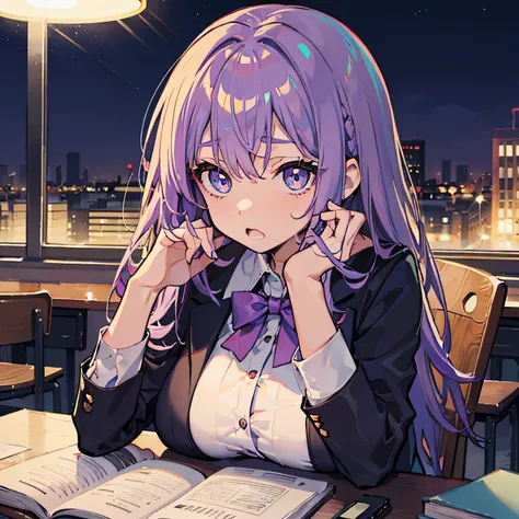 Beautiful woman　Studying　Focused face　on desk　atlibrary　deep in the night　murky　nighttime scene　Test Preparation　Pupils　Purple hair　Studying Mathematics　Colossal tits　Beautiful eyes that seem to be sucked in