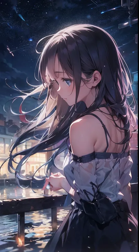 Quiet night，starry sky bright，On the roof sat a girl。She silently looked up at the starry sky，Enjoy this peaceful evening，The girl wears a light dress，The skirt flutters in the wind，Her long hair shimmered in the moonlight，Exudes freshness，Stars shine in t...