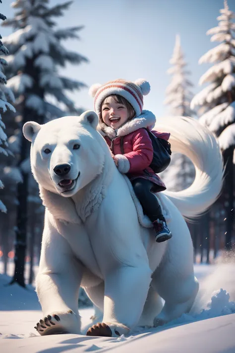 A very dynamic scene. A huge polar bear runs fast. On the back of a bear sits a little Eskimo girl of 4 years old. The girl is very cheerful, laughs broadly and waves his hands affably. The girl is dressed in national northern clothes. a closeup of a. a lo...