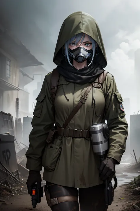 Stalker Woman, Woman wearing a respirator mask, camo, Armed, dirty, sticky hair, Very careful, has caution, wants to profit from trophies, Looks cautious, looks tired, She stands aside, carefully examines the surroundings, bloods, mud, Electrical discharge...