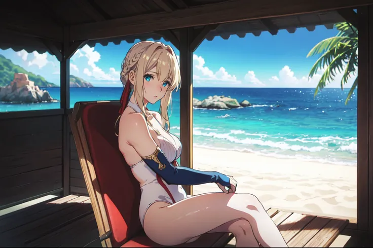 Violet evergarden, braid, blonde,red ribbon, blue eyes, elbow gloves, red ribbon,white swimsuit, sit down relaxing , beach, sunlight, perfect lighting, sea, ocean, from side, looking at viewers, solo, 1girl, highly detailed, full of details