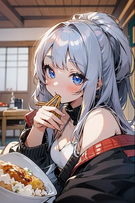 1girl in、独奏、(silber hair、Blue eyes、White bikinis imwear、Wearing a black jacket、Lying on the futon、Crawl on your stomach、Eat katsudon、holding chopsticks)