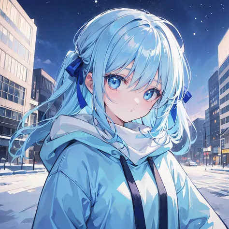 1girl, with light blue hair and blue eyes, wearing a hair ribbon and a blue and white hoodie. The scene is set in winter, with the girl looking directly at the viewer. This image can be used as a profile picture.City background