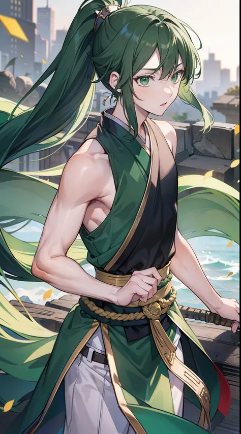 young boy, long dark green hair, high ponytail, green eyes, battle hanfu, sleeveless, open chest, Masterpiece, hiquality