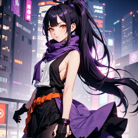 orange eyes, long purple scarf, sleeveless shirts, young 1girl, solo, sakifuwa, glazed eyes, very long hair, ponytail, black hair, ahoge, black tights, long leggings, purple strain of hair, very purple long skirt, stylish at cyberpunk, night time