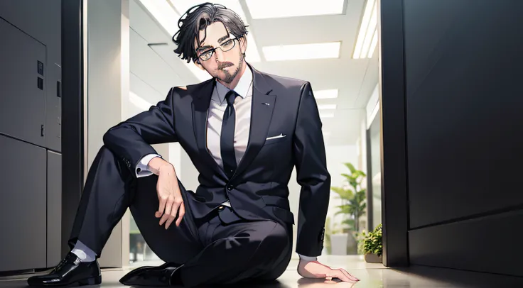 In the office building，A middle-aged，Black suit，Gray hair，little beard，Wearing glasses，sat on the ground。。The picture style is fresh and simple，Rendered like a comic，The lens is shown as a vista，Anatomically correct，Accurate，Pay attention to facial details