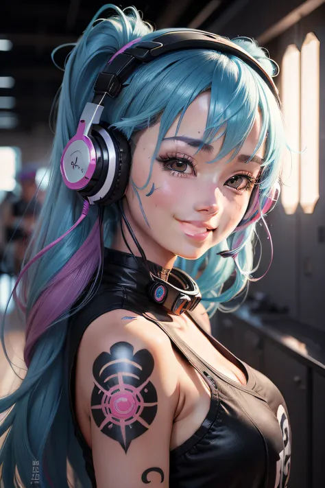 "Create a composition in the style of Japanese anime, depicting a beautiful, 19-year-old young woman with a cheerful smile. The portrait should showcase futuristic headphones, vibrantly colored hair, and an ultra-realistic, cinematic scene. Additionally, i...