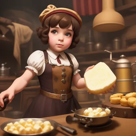 Adolph hitler dressed as little miss muffet, eating curds and whey, concept art, 4k, steampunk