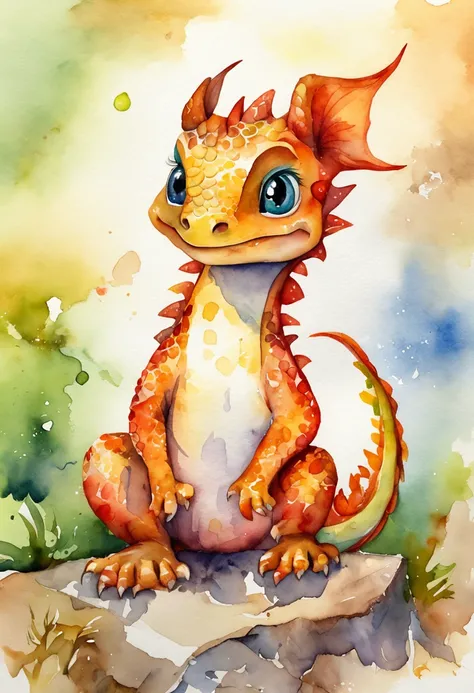 cute little dragon, Cartoon, Multi-colored watercolor, White square background