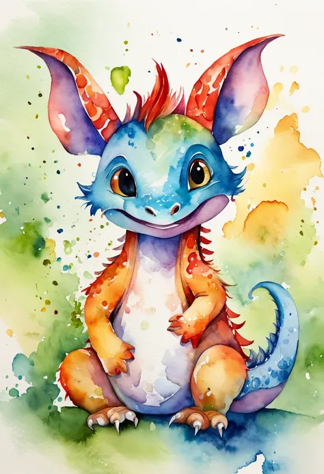 cute little dragon, Cartoon, Multi-colored watercolor, White square background