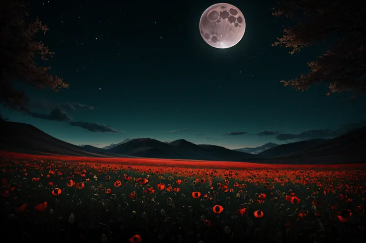 Enigmatic and captivating atmosphere. Black poppies blooming under the radiant glow of a full moon. --auto